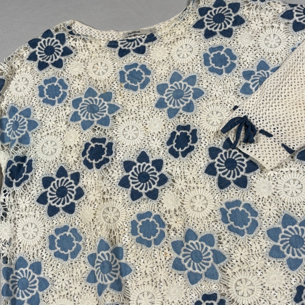 Desigual XL Blue Cream Floral Crochet Lace Mesh Boho Top Sweater Scalloped